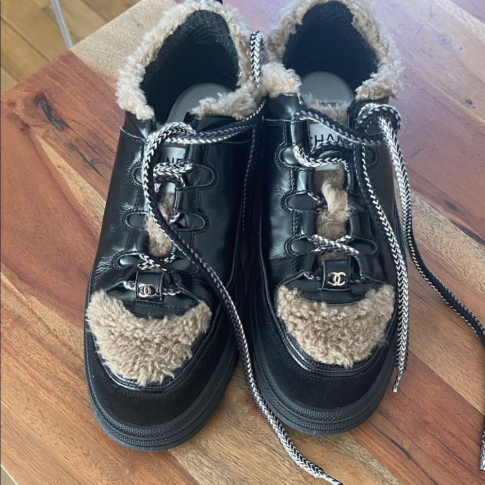 CHANEL Black and Brown Shearling Sneakers
